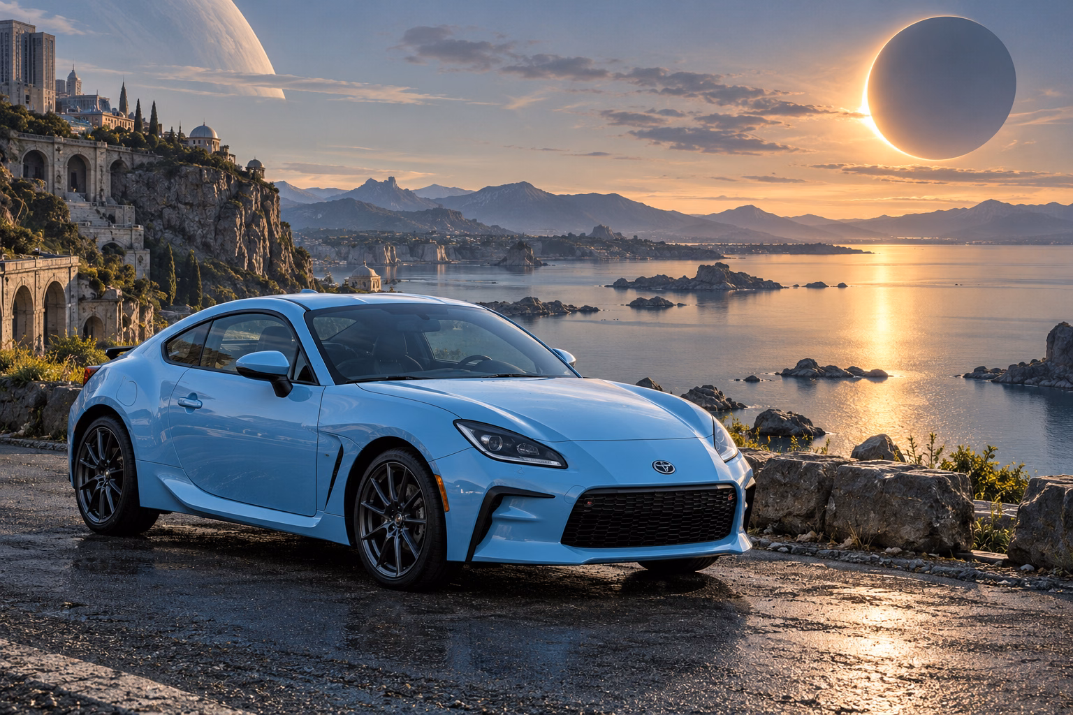 AI-generated baby blue sports coupe in Eclipse Bay. An eclipse hangs above a still, sheltered bay.