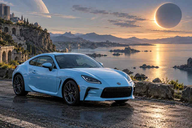 AI-generated baby blue sports coupe in Eclipse Bay. An eclipse hangs above a still, sheltered bay.