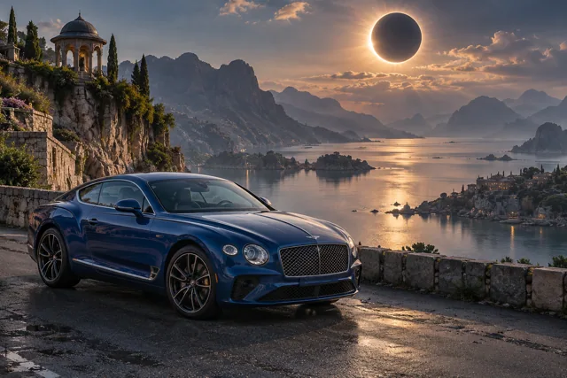AI-generated blue grand touring coupe in Eclipse Bay. An eclipse hangs above a still, sheltered bay.