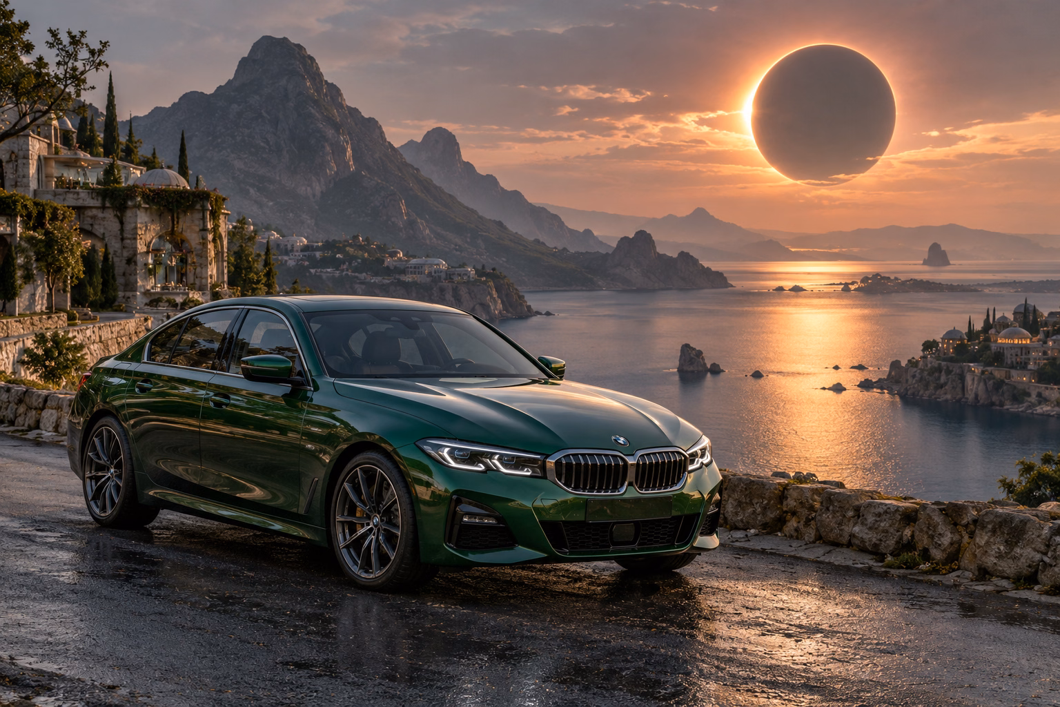 AI-generated green luxury sedan in Eclipse Bay. An eclipse hangs above a still, sheltered bay.
