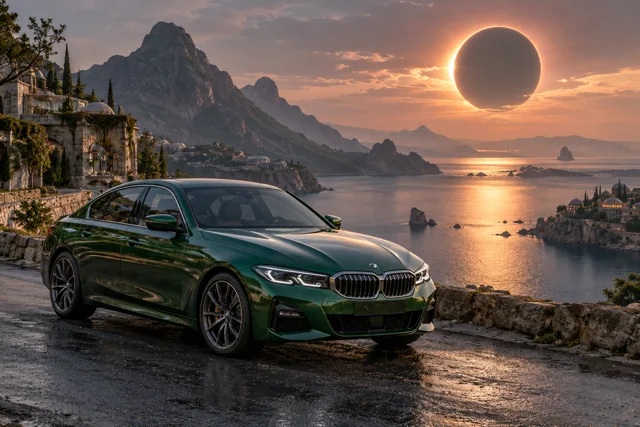 AI-generated green luxury sedan in Eclipse Bay. An eclipse hangs above a still, sheltered bay.