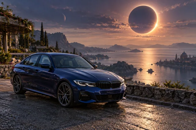 AI-generated indigo sports sedan in Eclipse Bay. An eclipse hangs above a still, sheltered bay.
