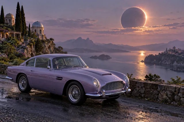 AI-generated lavender classic luxury coupe in Eclipse Bay. An eclipse hangs above a still, sheltered bay.