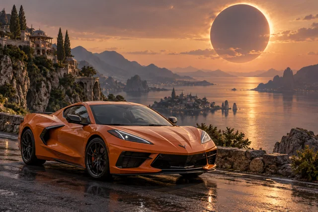 AI-generated orange mid-engine sports coupe in Eclipse Bay. An eclipse hangs above a still, sheltered bay.
