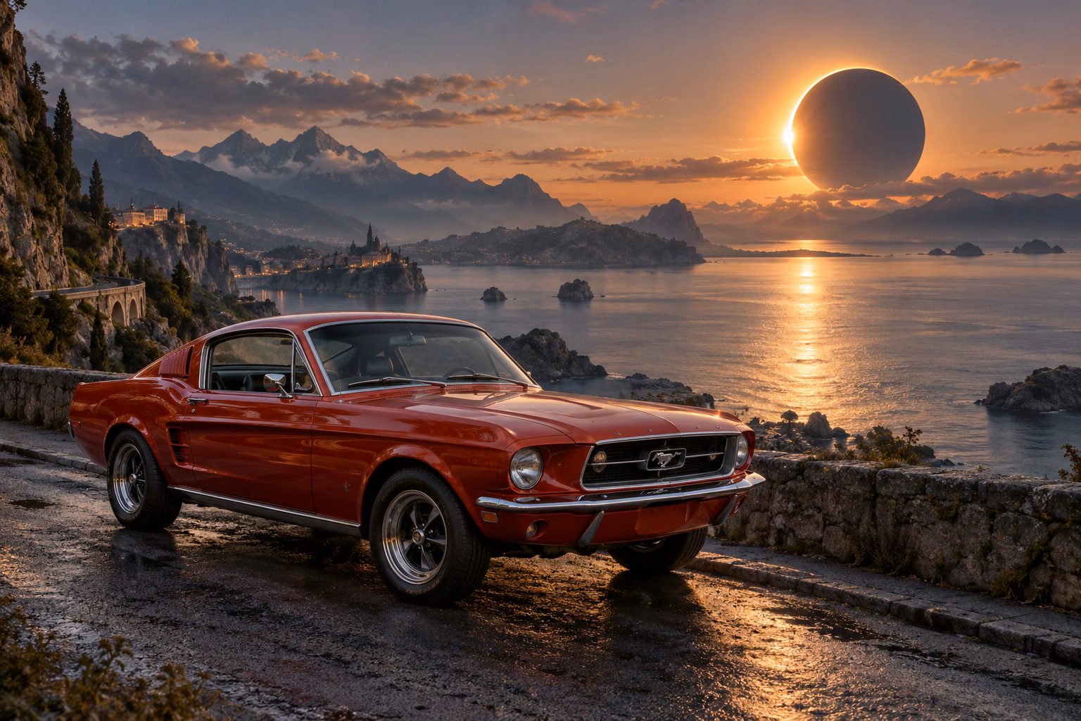AI-generated red classic fastback in Eclipse Bay. An eclipse hangs above a still, sheltered bay.