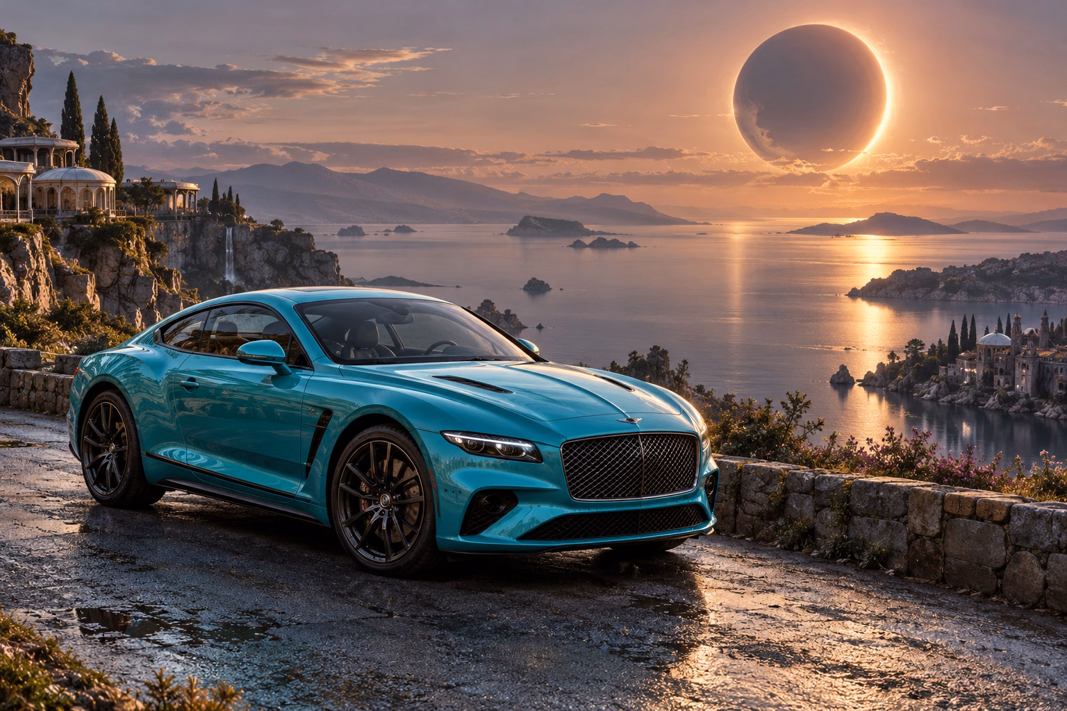 AI-generated turquoise performance touring coupe in Eclipse Bay. An eclipse hangs above a still, sheltered bay.