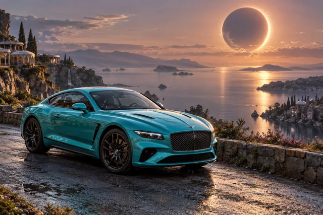 AI-generated turquoise performance touring coupe in Eclipse Bay. An eclipse hangs above a still, sheltered bay.