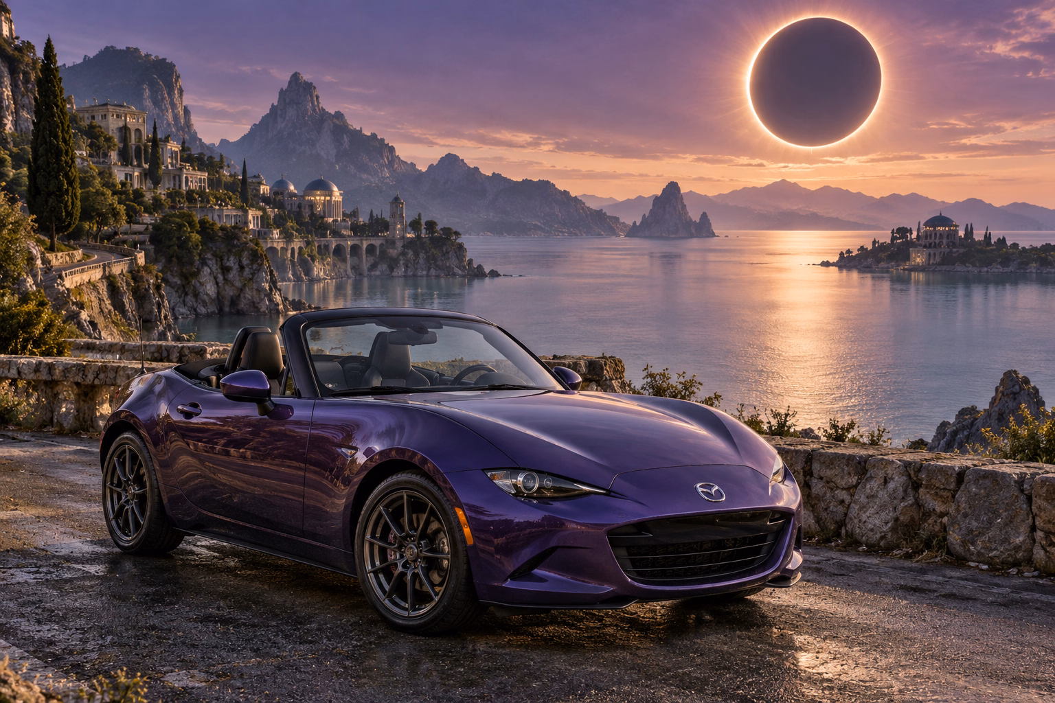 AI-generated violet open-top roadster in Eclipse Bay. An eclipse hangs above a still, sheltered bay.