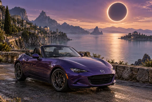 AI-generated violet open-top roadster in Eclipse Bay. An eclipse hangs above a still, sheltered bay.