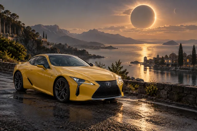 AI-generated yellow performance coupe in Eclipse Bay. An eclipse hangs above a still, sheltered bay.