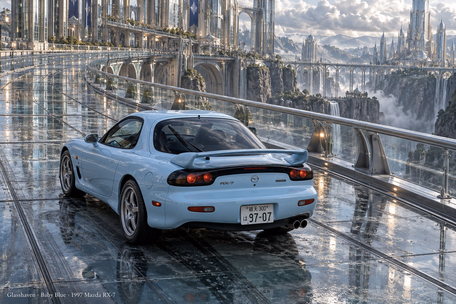 AI-generated baby blue 1997 Mazda RX-7 in Glasshaven. Transparent elevated roads above rocky gorges and glass architecture.