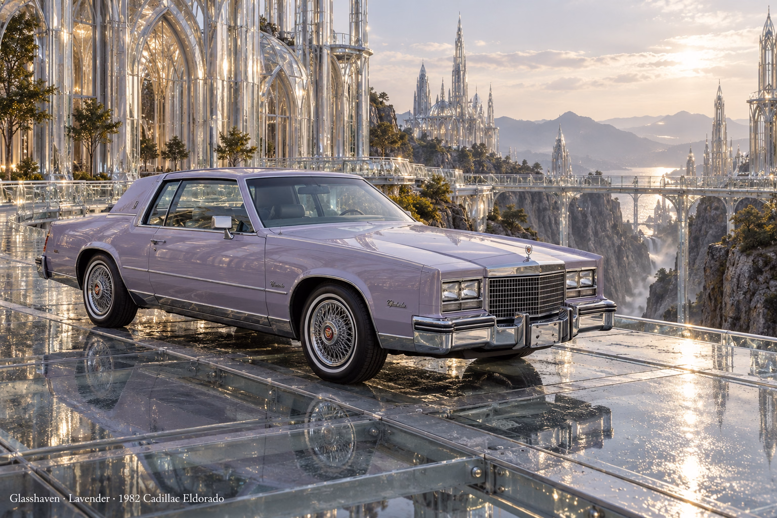 AI-generated lavender 1982 Cadillac Eldorado in Glasshaven. Transparent elevated roads above rocky gorges and glass architecture.