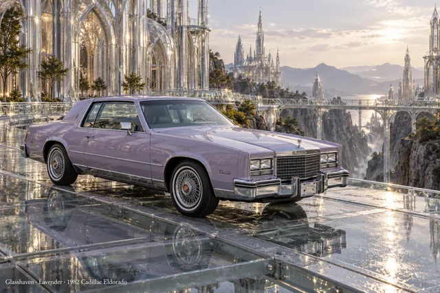 AI-generated lavender 1982 Cadillac Eldorado in Glasshaven. Transparent elevated roads above rocky gorges and glass architecture.
