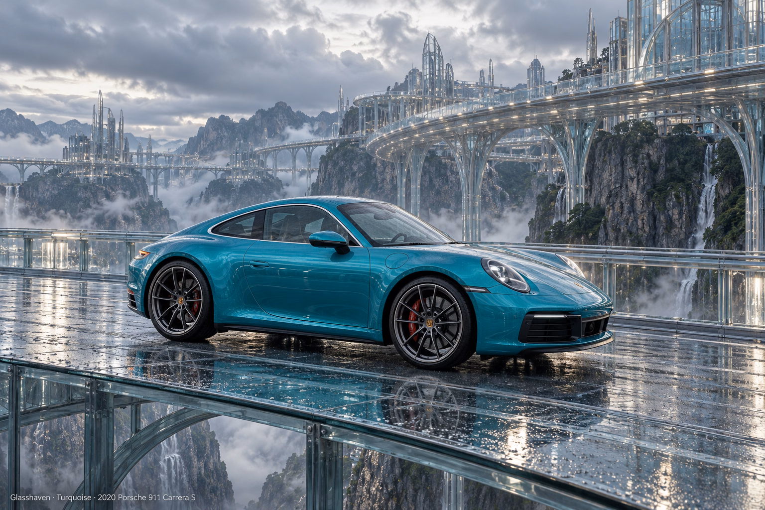 AI-generated turquoise 2020 Porsche 911 Carrera S in Glasshaven. Transparent elevated roads above rocky gorges and glass architecture.