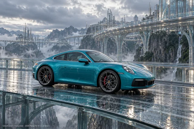 AI-generated turquoise 2020 Porsche 911 Carrera S in Glasshaven. Transparent elevated roads above rocky gorges and glass architecture.
