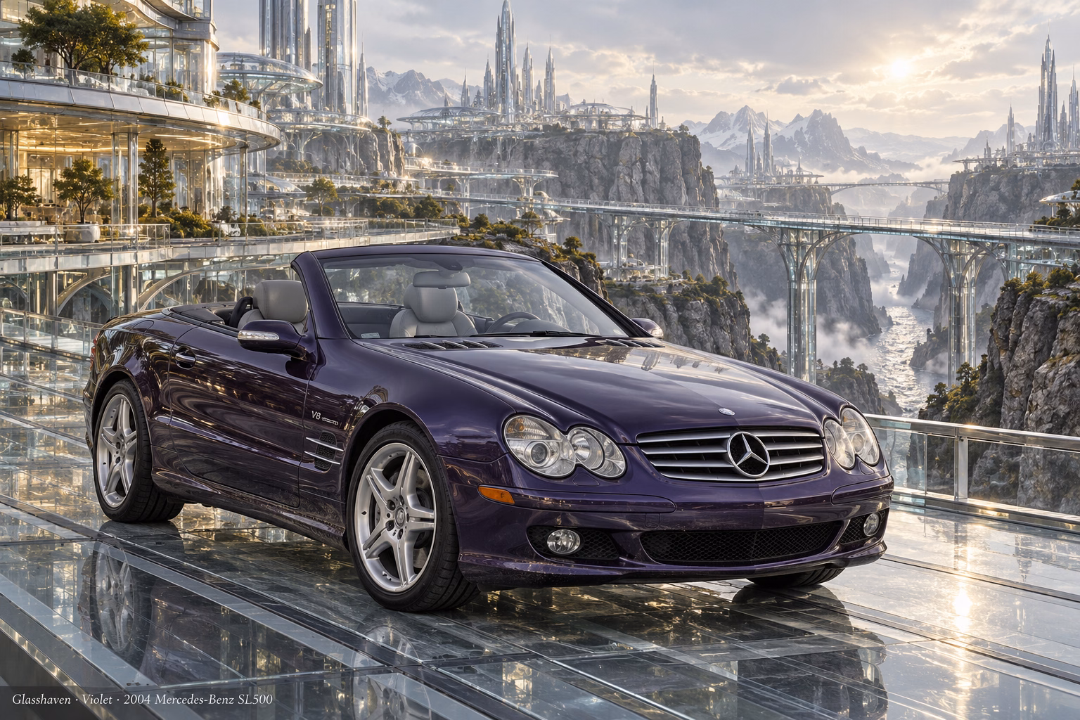 AI-generated violet 2004 Mercedes-Benz SL500 in Glasshaven. Transparent elevated roads above rocky gorges and glass architecture.