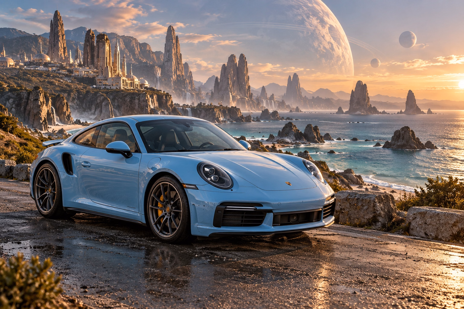 AI-generated baby blue sports coupe in Leonida Prime. An otherworldly coast and a gathering place for interdimensional travelers.