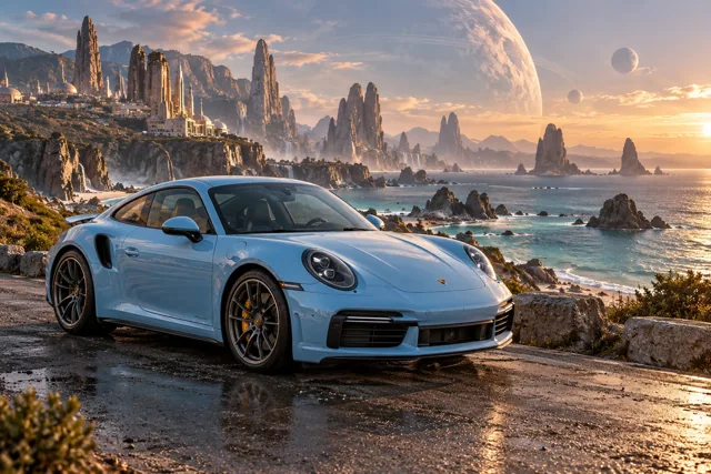 AI-generated baby blue sports coupe in Leonida Prime. An otherworldly coast and a gathering place for interdimensional travelers.