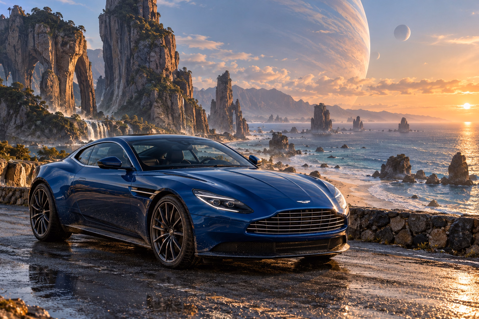 AI-generated blue grand touring coupe in Leonida Prime. An otherworldly coast and a gathering place for interdimensional travelers.