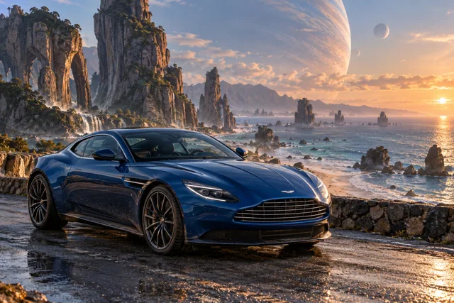 AI-generated blue grand touring coupe in Leonida Prime. An otherworldly coast and a gathering place for interdimensional travelers.