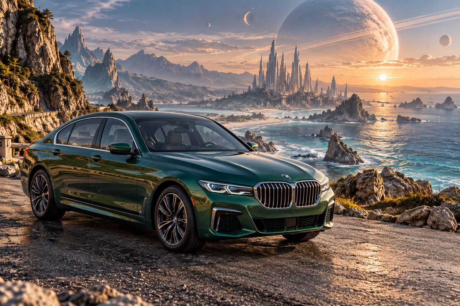 AI-generated green luxury sedan in Leonida Prime. An otherworldly coast and a gathering place for interdimensional travelers.
