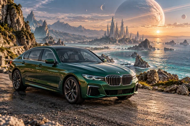 AI-generated green luxury sedan in Leonida Prime. An otherworldly coast and a gathering place for interdimensional travelers.