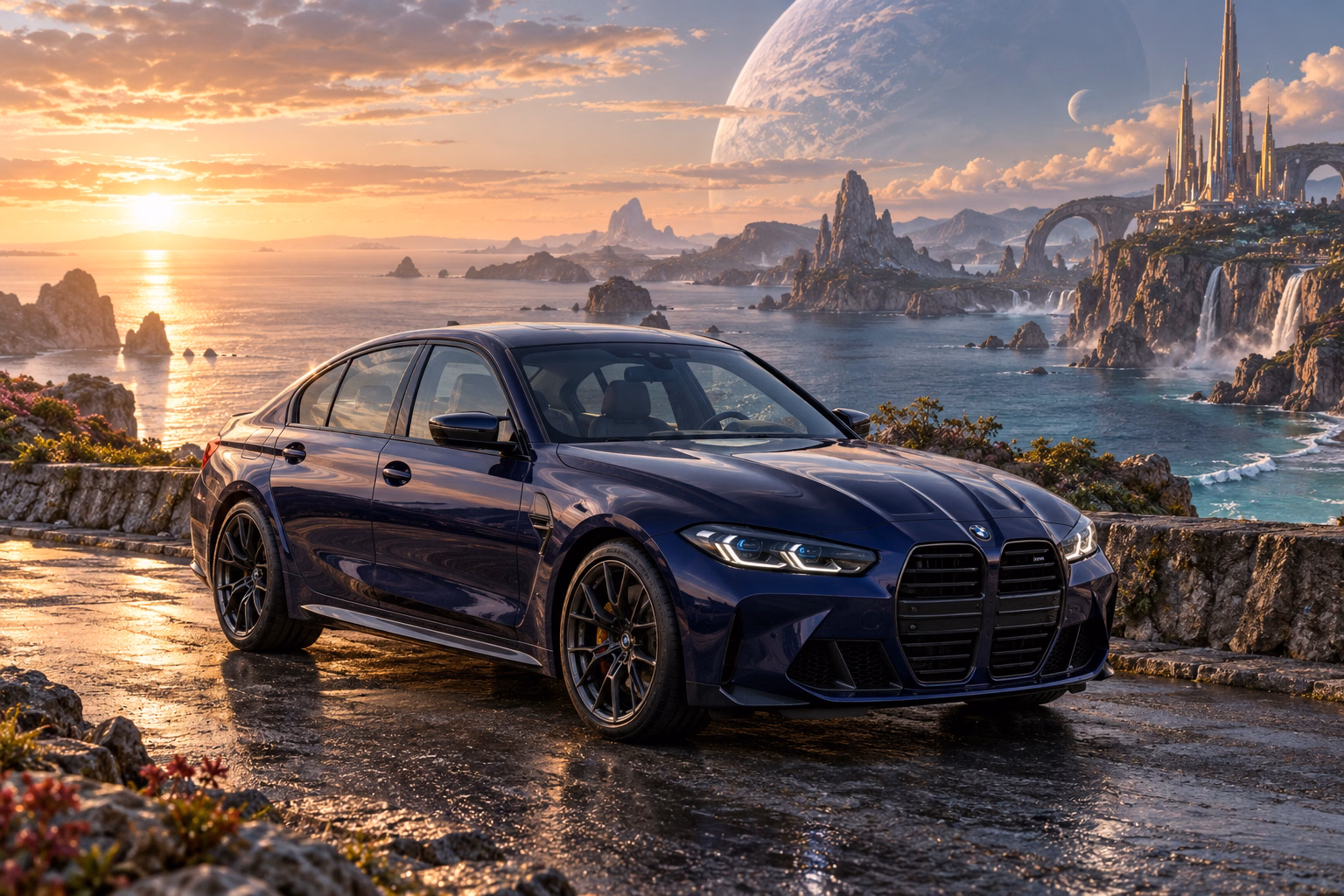 AI-generated indigo sports sedan in Leonida Prime. An otherworldly coast and a gathering place for interdimensional travelers.