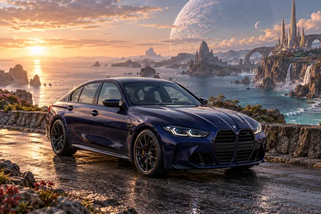 AI-generated indigo sports sedan in Leonida Prime. An otherworldly coast and a gathering place for interdimensional travelers.