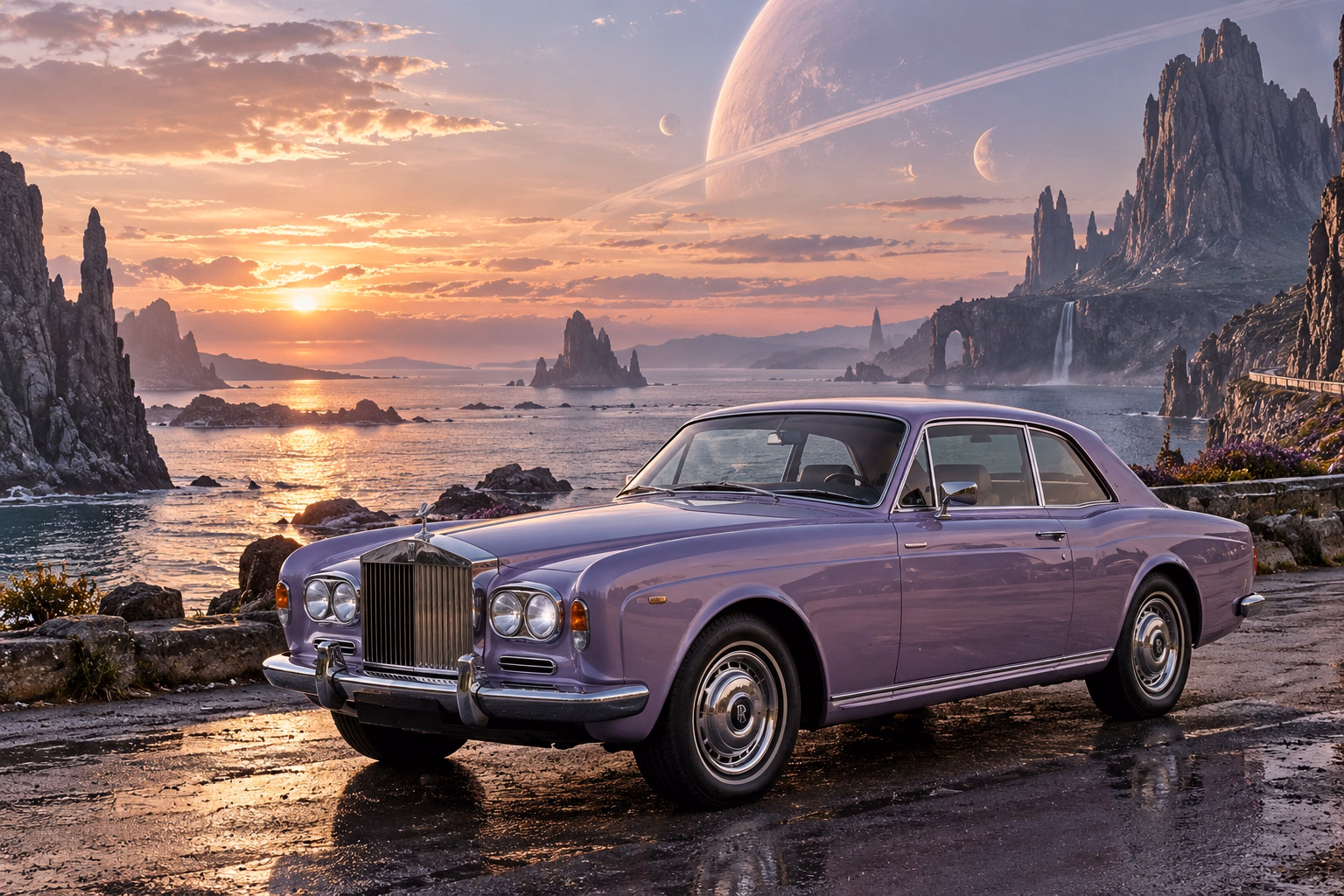 AI-generated lavender classic luxury coupe in Leonida Prime. An otherworldly coast and a gathering place for interdimensional travelers.