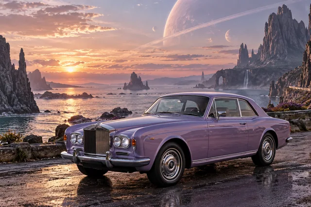 AI-generated lavender classic luxury coupe in Leonida Prime. An otherworldly coast and a gathering place for interdimensional travelers.
