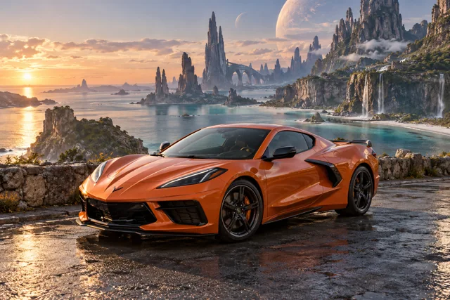 AI-generated orange mid-engine sports coupe in Leonida Prime. An otherworldly coast and a gathering place for interdimensional travelers.