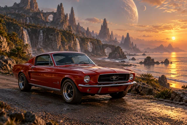 AI-generated red classic fastback in Leonida Prime. An otherworldly coast and a gathering place for interdimensional travelers.