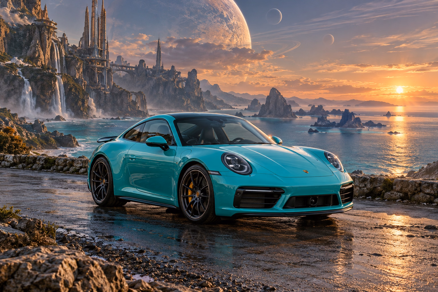 AI-generated turquoise performance touring coupe in Leonida Prime. An otherworldly coast and a gathering place for interdimensional travelers.
