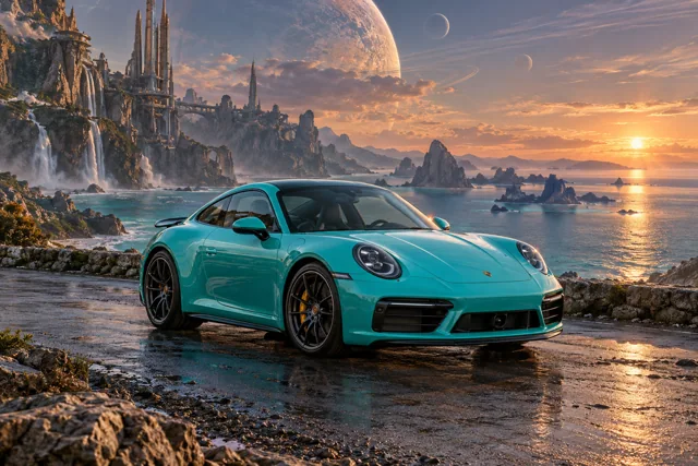 AI-generated turquoise performance touring coupe in Leonida Prime. An otherworldly coast and a gathering place for interdimensional travelers.