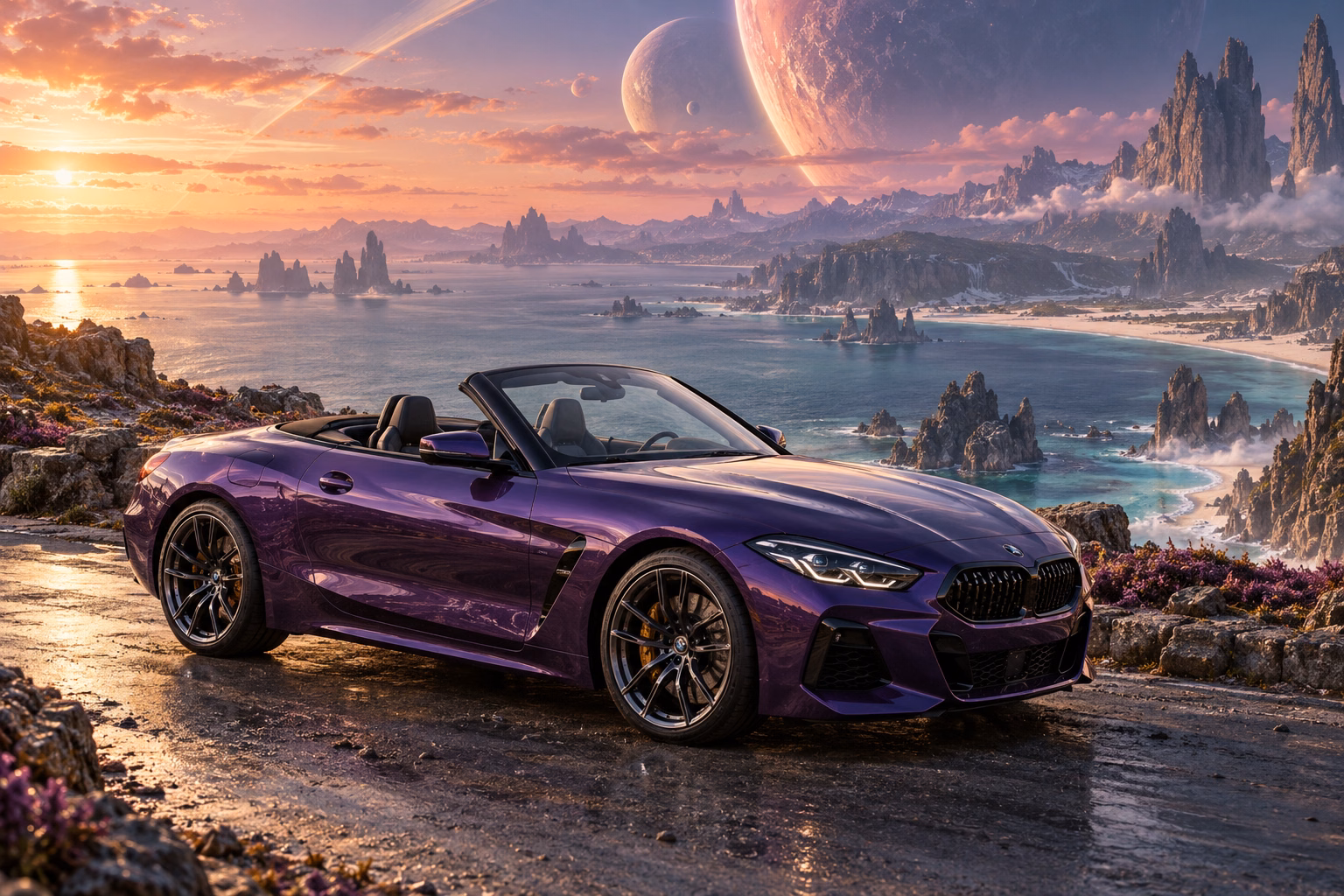 AI-generated violet open-top roadster in Leonida Prime. An otherworldly coast and a gathering place for interdimensional travelers.