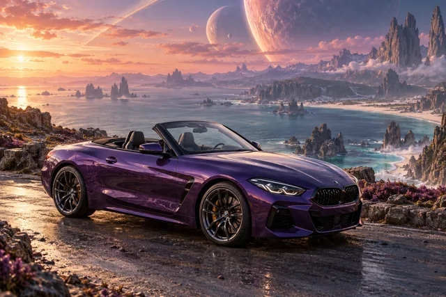 AI-generated violet open-top roadster in Leonida Prime. An otherworldly coast and a gathering place for interdimensional travelers.