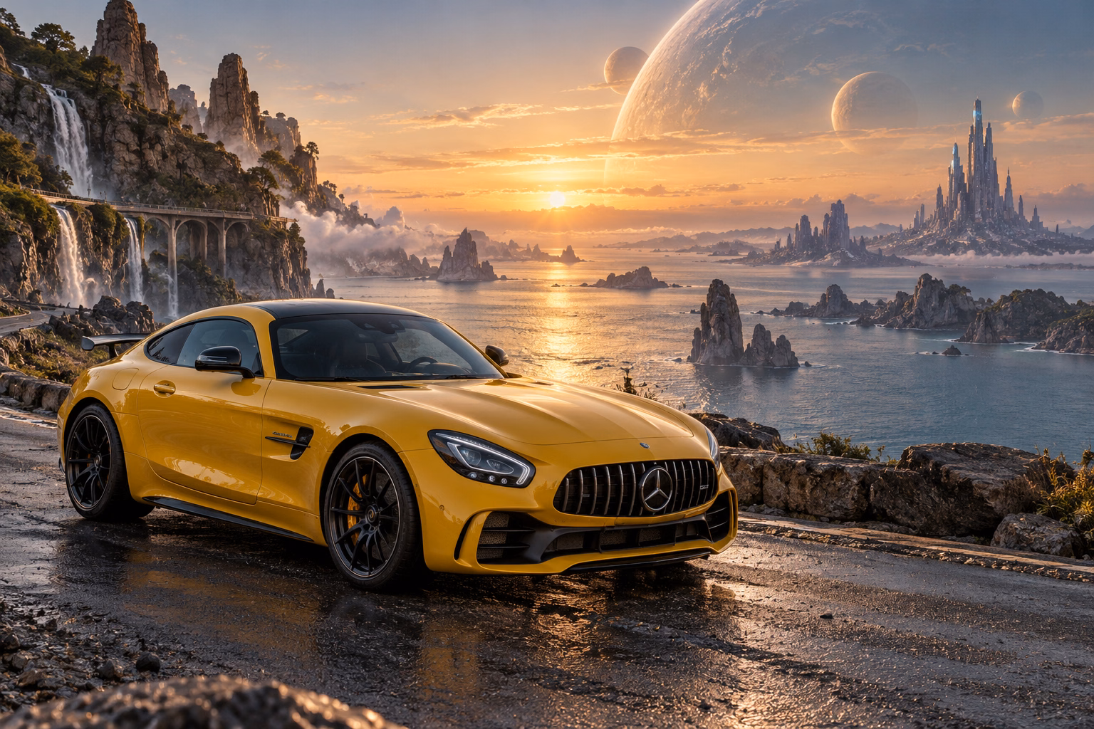 AI-generated yellow performance coupe in Leonida Prime. An otherworldly coast and a gathering place for interdimensional travelers.