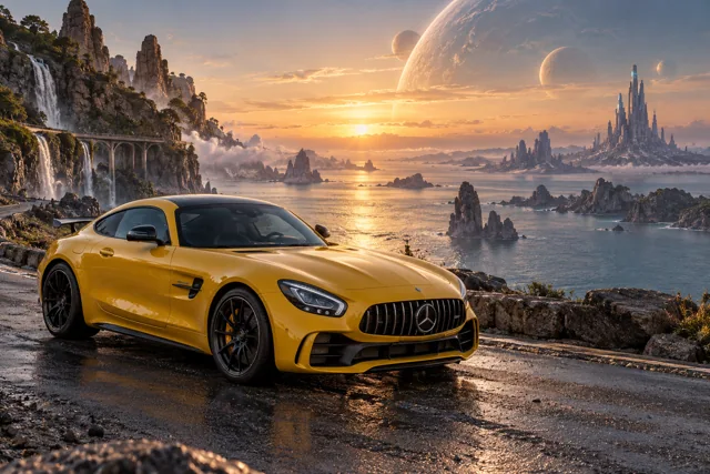 AI-generated yellow performance coupe in Leonida Prime. An otherworldly coast and a gathering place for interdimensional travelers.