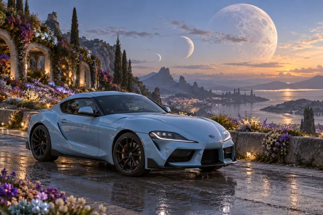 AI-generated baby blue sports coupe in Lunafleur. A garden blooms in the cool light of several moons.