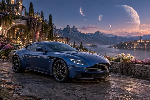 AI-generated blue grand touring coupe in Lunafleur. A garden blooms in the cool light of several moons.