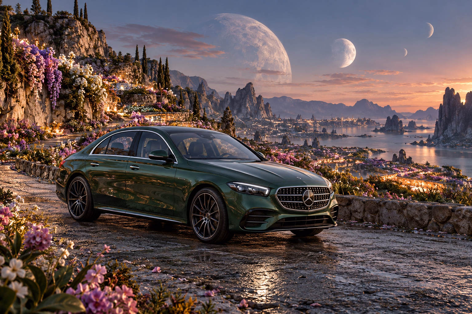 AI-generated green luxury sedan in Lunafleur. A garden blooms in the cool light of several moons.