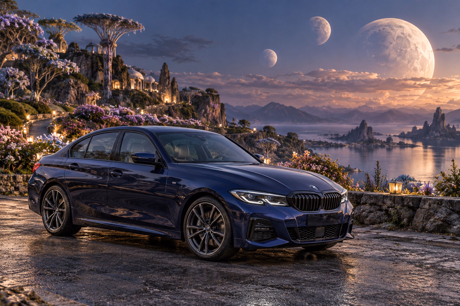 AI-generated indigo sports sedan in Lunafleur. A garden blooms in the cool light of several moons.