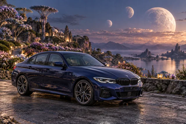 AI-generated indigo sports sedan in Lunafleur. A garden blooms in the cool light of several moons.