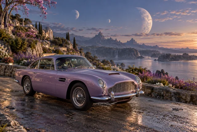 AI-generated lavender classic luxury coupe in Lunafleur. A garden blooms in the cool light of several moons.