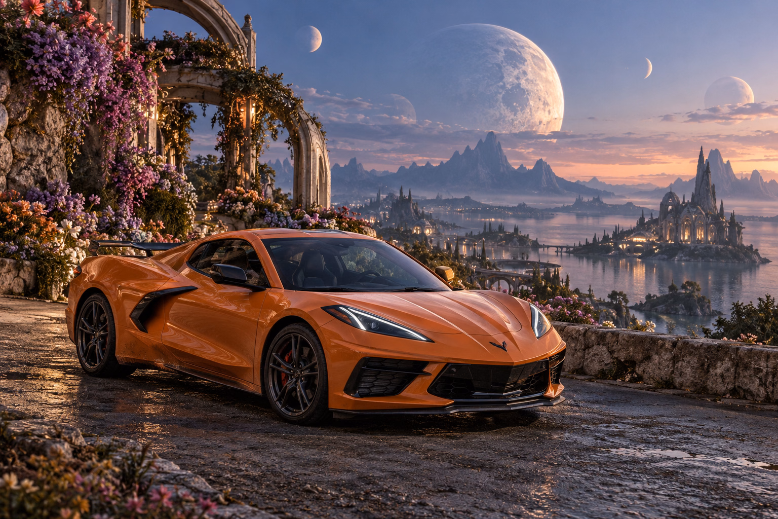 AI-generated orange mid-engine sports coupe in Lunafleur. A garden blooms in the cool light of several moons.