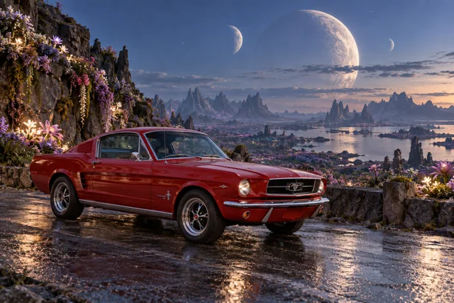 AI-generated red classic fastback in Lunafleur. A garden blooms in the cool light of several moons.