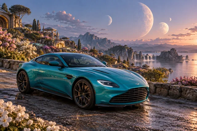AI-generated turquoise performance touring coupe in Lunafleur. A garden blooms in the cool light of several moons.