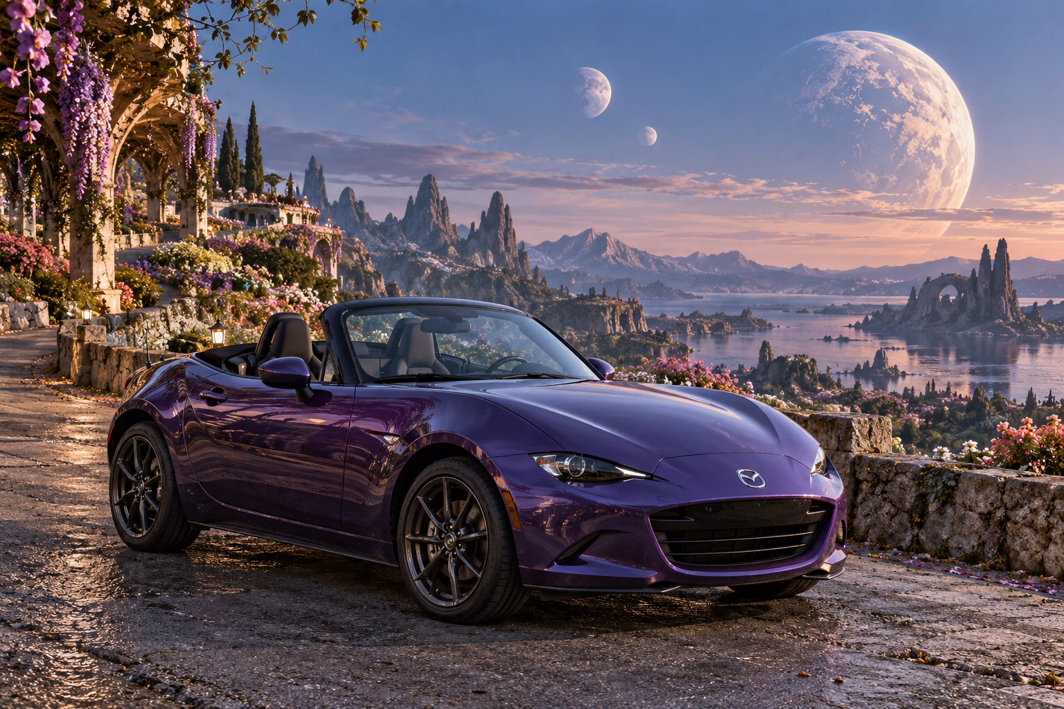 AI-generated violet open-top roadster in Lunafleur. A garden blooms in the cool light of several moons.