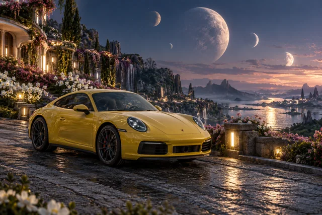 AI-generated yellow performance coupe in Lunafleur. A garden blooms in the cool light of several moons.