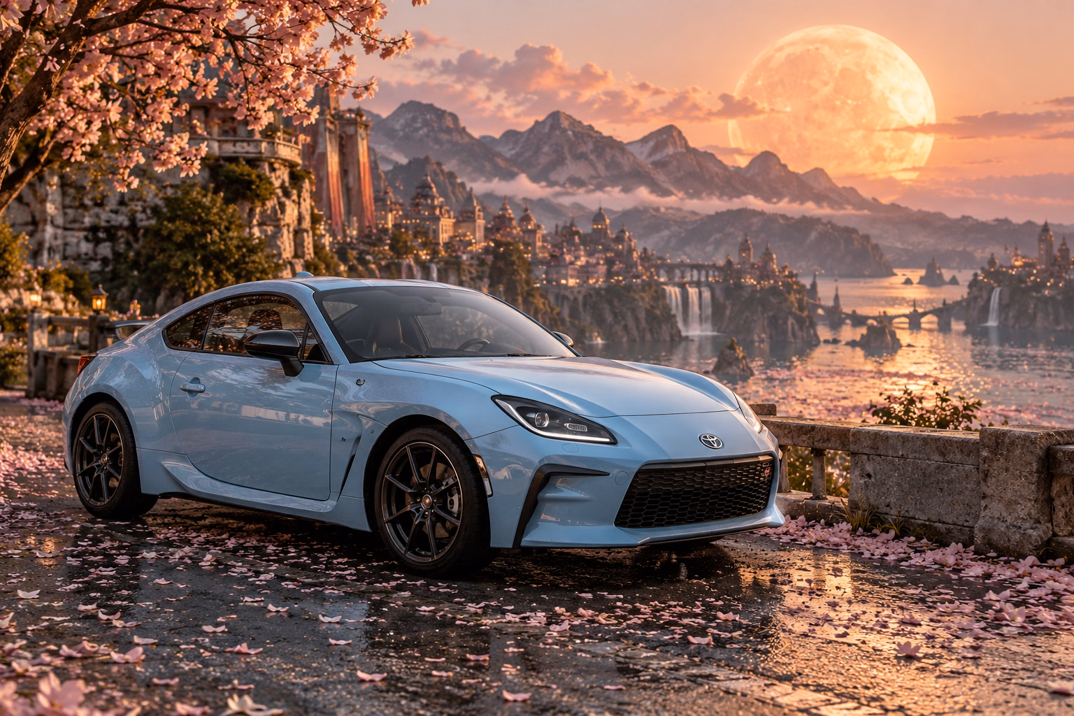 AI-generated baby blue sports coupe in Petal Moon. Petals gather beneath a warm, low moon.